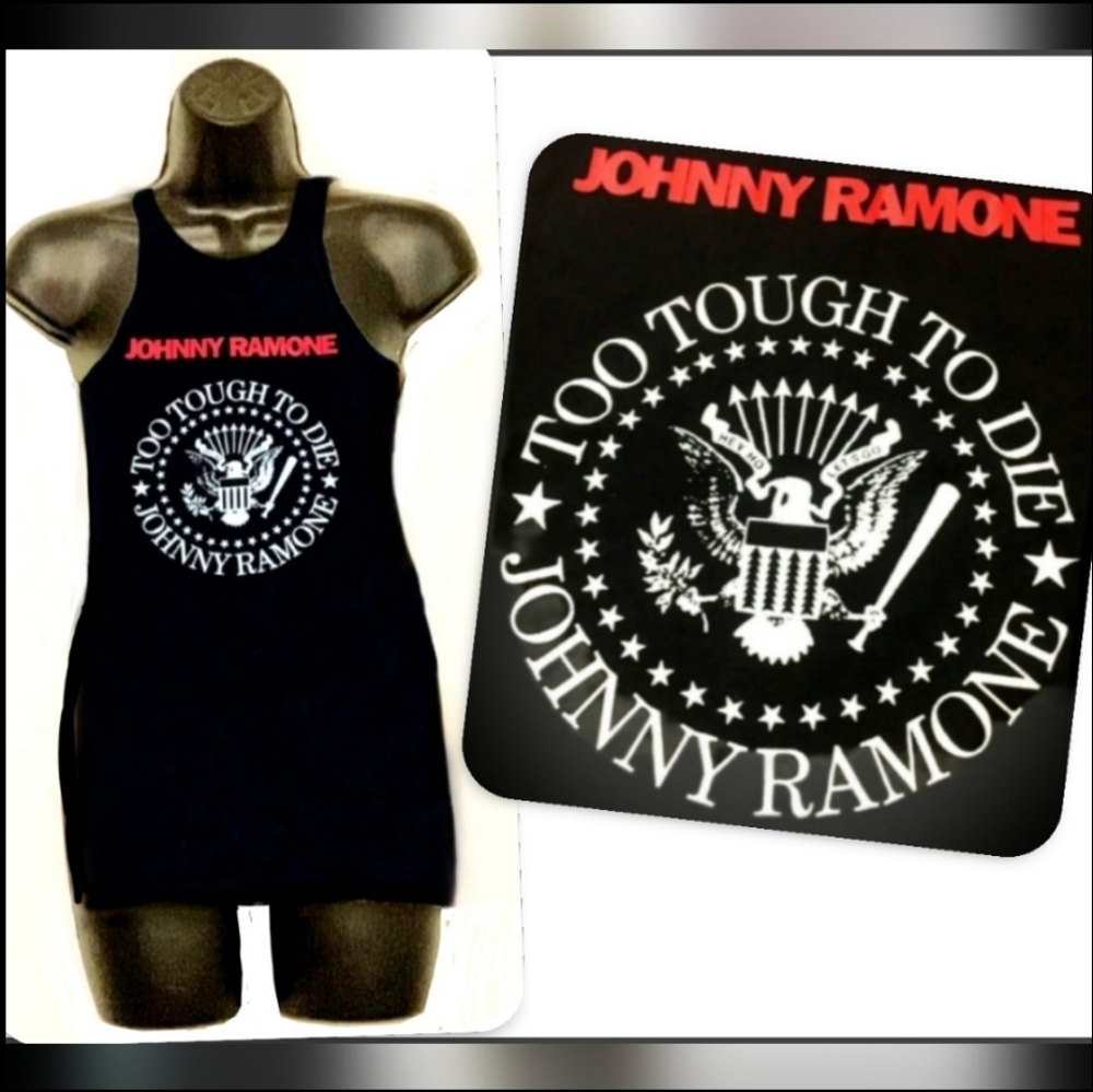 Cinder Block Johnny Ramone blk to tough to die graphic bodycon band tank dress M